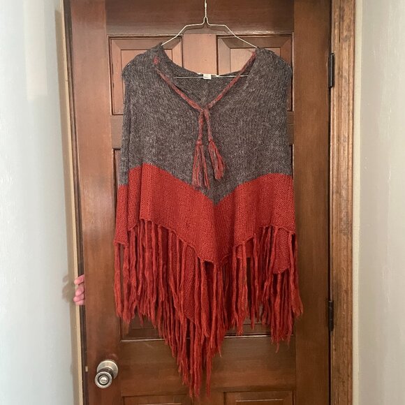 One Size H&M gray burnt orange alpaca-blend hooded poncho - Picture 2 of 10